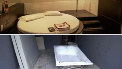 Montagem mostra cama redonda e obra