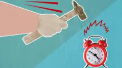 Будильник, який розбивають рукою молотком - ілюстрація