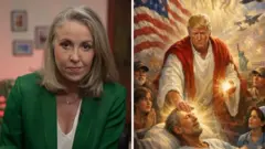 スミスBBC北米編集長と、トランプ氏をキリストのように描いたAI画像が並べられている