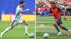 صورة مركبة تُظهر مهاجم المنتخب الأرجنتيني، رقم 10، ليونيل ميسي، إلى يسار الصورة خلال إحدى مباريات منتخب التانغو في كأس العالم، فيما يظهر نجم المنتخب الإسباني، رقم 19، لامين يامال، إلى يمين الصورة خلال إحدى مباريات منتخب بلاده في البطولة.