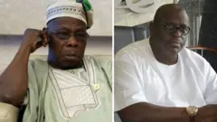 Former president Olusegun Obasanjo for left and Senator Buruji Kashamu for left