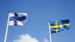 swedish and finnish flags waving on a sunny day