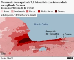 Mapa mostrando a intensidade do terremoto em Caracas e arredores.