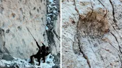 Split image. Left side shows people looking up at footprints on a mountain. The right image shows a close-up of a print