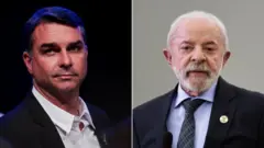Montagem com foto de Flávio Bolsonaro e Lula, ambos com semblante neutro.
