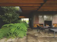 Espacio interior con vigas de madera, plantas frondosas y chimenea moderna integrada en muros de hormigón.