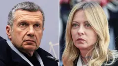 Коллаж из фото Владимира Соловьева и Джорджи Мелони. У Соловьева короткие седые волосы и карие глаза. У Мелони белокурые длинные волосы и голубые глаза.