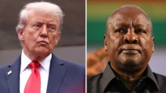 Donald Trump for red tie wit black suit looking sideways and John Mahama for di right hand looking straight wearing black outfit