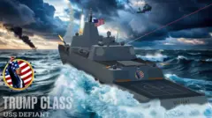 Плакат с изображением нового корабля в бою и Трампа на фоне американского флага