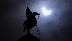 O pássaro símbolo de Liverpool é visto com o pano de fundo do eclipse parcial