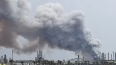 Fumaça sobe após um ataque à refinaria de petróleo da Bapco na ilha de Sitra, no Bahrein.