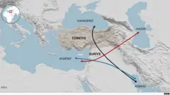 Dört denizin yerlerini, Suriye'yi ve Türkiye'yi gösteren bir harita
