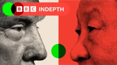 Des photos en noir et blanc de Trump et Xi Jinping se faisant face, comme s'ils se regardaient directement l'un l'autre.