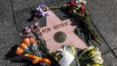 灰色と白のタイルの歩道に、星形の淡いピンクと白の石がはめられ、「ROB REINER」の文字と撮影カメラの模様が刻まれている。その周りを複数の花束が取り囲んでいる。ライナー監督を有名にしたテレビコメディでの役名「Meathead」を使い、「RIP（安らかに）」と書いたメモも添えられている