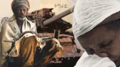 አንድ አባት እና እናት ከጀርባቸው ታንክ 