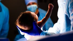 Um bebê recém-nascido sendo segurado por um médico