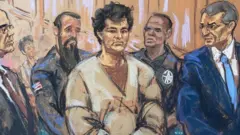 베이지색 수의를 입고 법정에 나오는 샘 뱅크먼-프리드의 모습을 그린 기록화