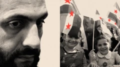 احمد شرع در چپ تصویر - دختران سوری در راست تصویر پرچم سوریه به دست دارند