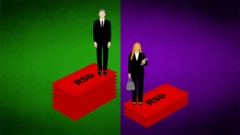 ilustracija, muškarac i žena stoje na novčanicama, muškarac ima veću zaradu