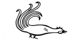 Una ilustración de dibujo lineal en negro de los tatuajes en el pulgar y los dedos de la mujer. Una de las imágenes es un gallo, con la cola emplumada y el cuello y el pico estirados. Debajo hay otras dos imágenes con extremos redondeados, similares a flechas.