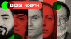 Collage présentant les photos d'identité judiciaire de Peter Sutcliffe, Rose West, Ted Bundy, Lucy Letby et Harold Shipman, classées de gauche à droite. Chaque visage est divisé en deux, ne montrant qu'un seul côté. Les images de Lucy Letby et de Rose West sont teintées en rouge, et les quatre personnages semblent fixer directement l'appareil photo.