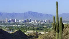 Un cáctus sahuaro y Phoenix, Arizona, de fondo.
