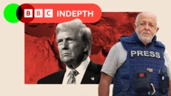 A montage image: Includes black and white image of Trump and a red map. On the right is Jeremy Bowen in a blue press vest.