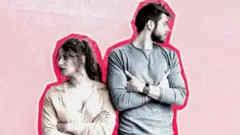 A man and a woman with their arms crossed turn away from each other.