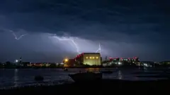 Lightning above Devonshire Dock Hall in Barrow-in-Furness