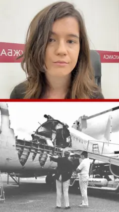 Na fotografiji iznad reporterka gleda u kameru, na fotografiji ispod se vidi avion čiji je deo trupa ispao 1988.