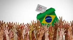 Ilustração em 3D com referência a eleitores no Brasil - mãos levantadas para o alto, com uma urna pintada com a bandeira brasileira e voto sendo depositado