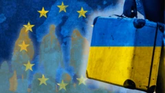 Колаж із валізою в кольорах українського прапора і фігурами людей на тлі прапора ЄС