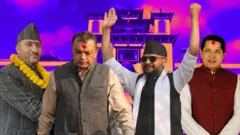 बालेन, गगन थापा, ऋषि धमला र जगदीश खरेल। पृष्ठभूमिमा निर्वाचन आयोगको भवन