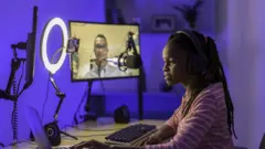 Young black woman dey record business podcast