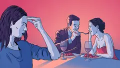 Illustration of a woman seeing her boyfriend on a date with another woman