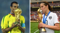 Kabtan kooxda Brazil Cafu oo dhunkanaya Koobkii Adduunka ee ay ku guuleysteen sannadkii 2002 iyo kabtanka qaranka Mareykanka ee Dumarka oo dhunkanaysa Koobkii Adduunka ee Dumarka ee 2015-kii.