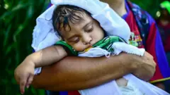Un niño es cargado por un adulto