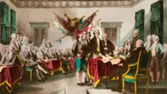 Ilustração de John Trumbull da assinatura da Declaração de Independência das 13 Colônias