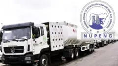 White petrol trucks belonging to Dangote Refinery with a Nupeng logo at the top right side