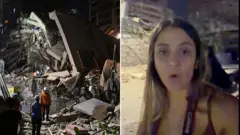Une image divisée de la journaliste Nicole Kolster debout dans une rue gravement endommagée de Caracas en train de regarder la caméra, et des personnes casquées attendant les décombres d'un bâtiment effondré