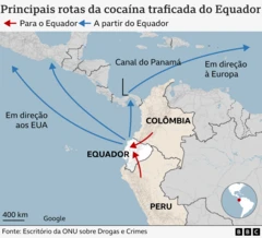 Mapa da América do Sul e Central, mostrando o Equador