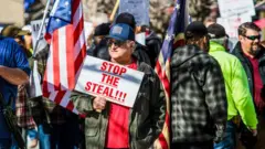 一名抗議者舉著寫有「停止偷竊」（Stop the Steal）的標語牌
