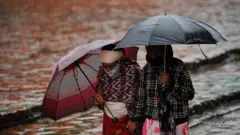 झरीमा छाता ओढेर हिँडिरहेका महिला