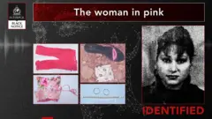 Imagem de um pôster de Liudmila Zavada, com “The woman in pink” (“A Mulher de rosa”, em tradução livre) escrito no texto do topo, fotos dos seus pertences, como roupas e bijuterias