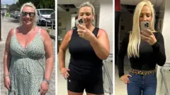 Três fotos lado a lado de Ellen em diferentes estágios de sua perda de peso. Na foto da extrema esquerda, ela está mais gorda, usando um vestido verde; na foto do meio, ela está na academia; e na última foto, ela está magra, usando calça jeans azul e blusa preta.