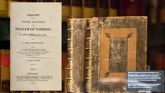 Os dois volumes e a primeira página da primeira edição do livro 'A Riqueza das Nações', de Adam Smith