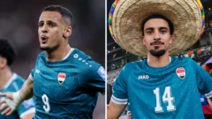 Ali El-Hamadi'nin Bolivya'ya karşı Irak golünü kutlayan ve Zidane İkbal'in Irak'ın galibiyetinden sonra sombrero giyerken poz verdiği bölünmüş görüntü
