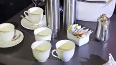 Tea cups and two hot water flasks