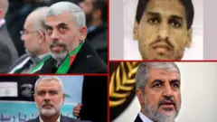 من اليمين محمد الضيف، خالد مشعل، يحيى السنوار، إسماعيل هنية