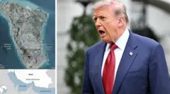 One graphic dey show wia Kharg Island dey for northwest side of The Gulf, about 25 kilometres from Iran coast - and image of US President Donald Trump.